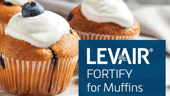 Three frosted muffins topped with blueberries and text 'LEVAIR® FORTIFY for Muffins'