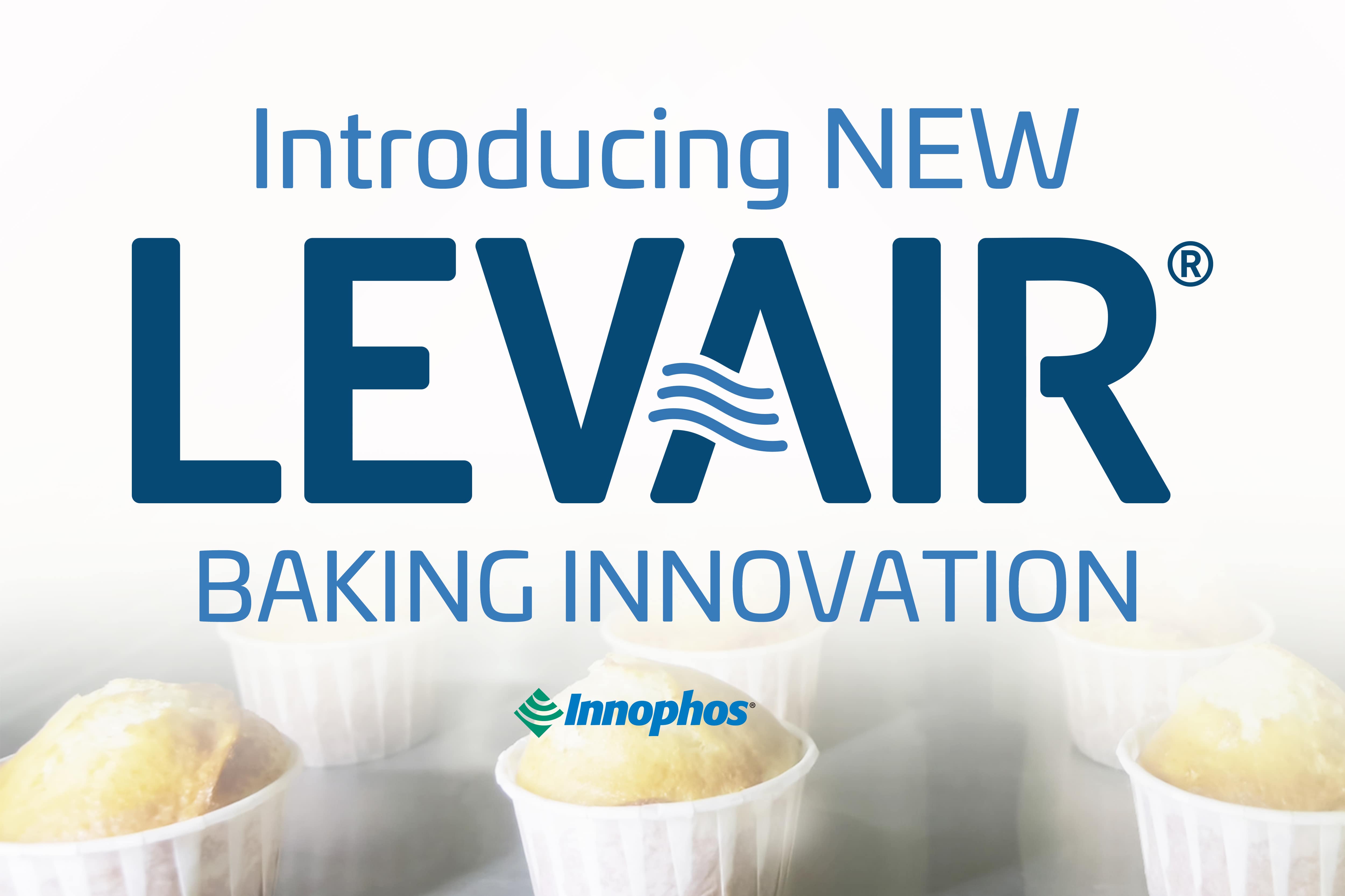 Advertisement for LEVAIR baking innovation with muffins in the background