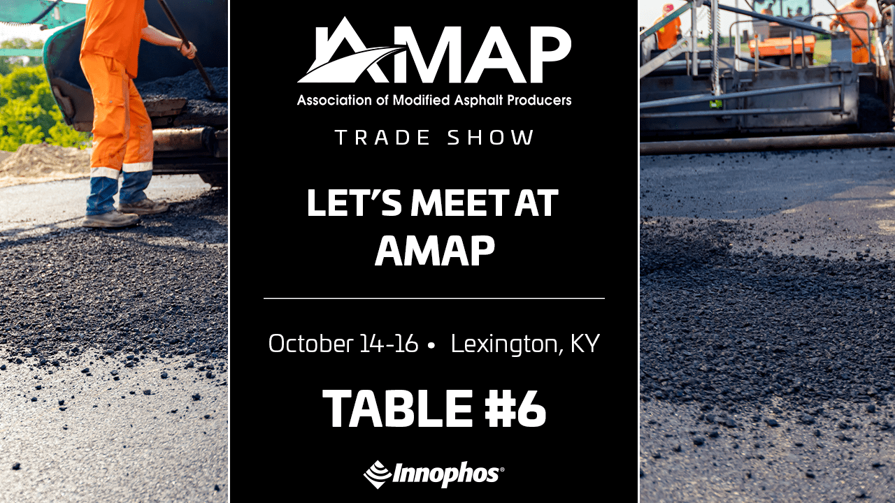AMAP Trade Show announcement with asphalt paving images and event details.
