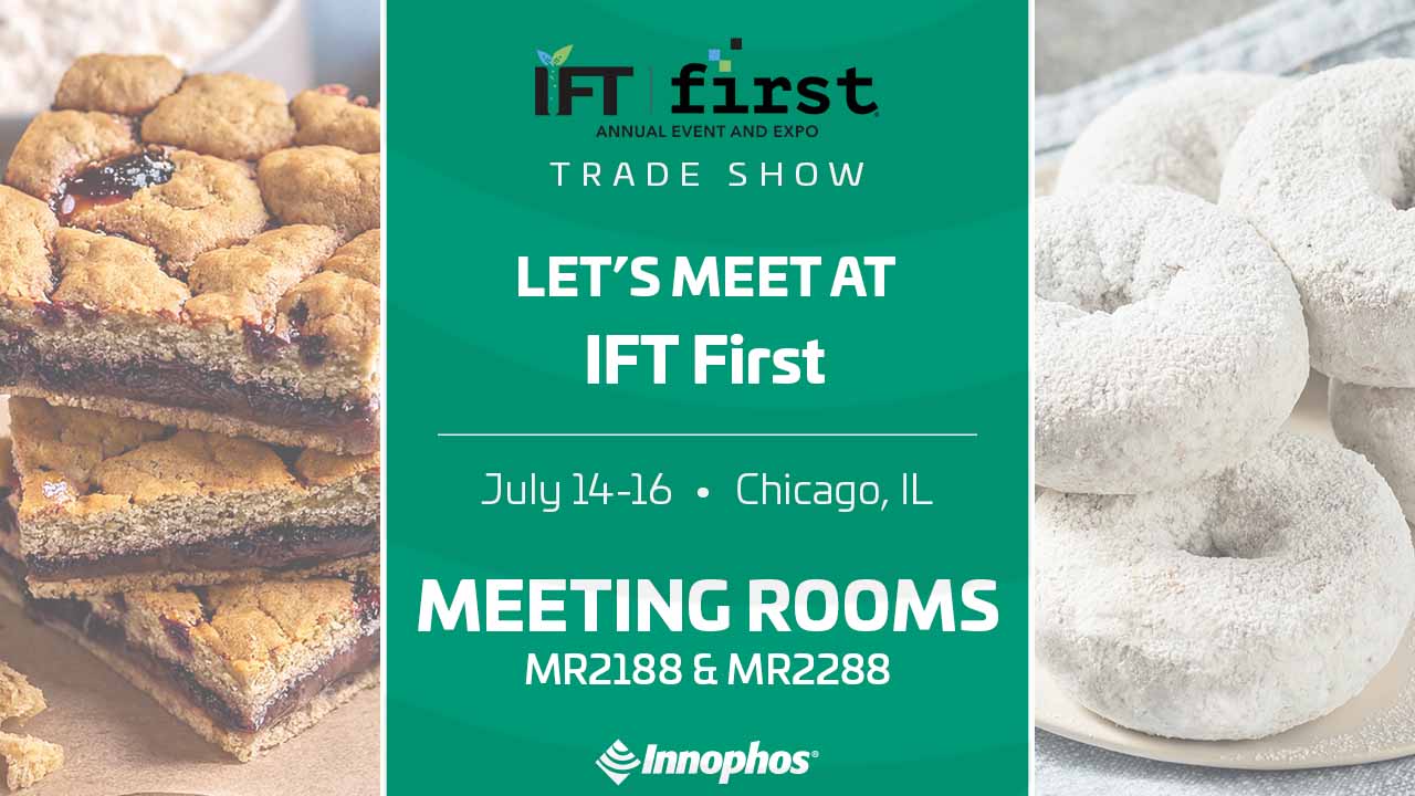 An IFT first graphic with baked fruit bars and powdered donuts in the background